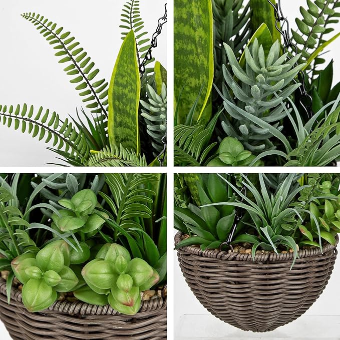 DILATATA Artificial Hanging Plants Basket, Faux Snake Plants Fern Succulent Mix with Coconut Fiber Liner, Fake Hanging Plant with Chain Hook for Indoor Outdoor Porch Patio Balcony Home Décor