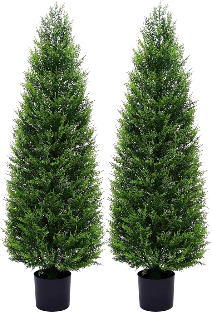 2Pack 5ft Outdoor Artificial Cedar Topiary Trees, All-Weather Faux Pine for Home Porch Entryway Decor