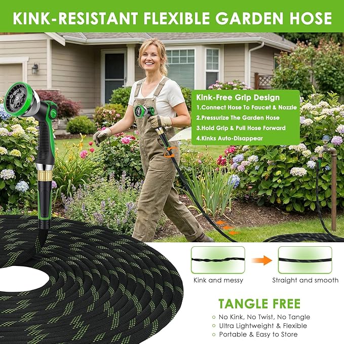 Non-Expanding Garden Hose 50 ft, Lightweight Hose & Flexible Water Hose With 10-Pattern Spray Nozzle, Kink-Free Design, Durable Leakproof Yard Outdoor Hose, Portable Storage Strap, 50 Feet
