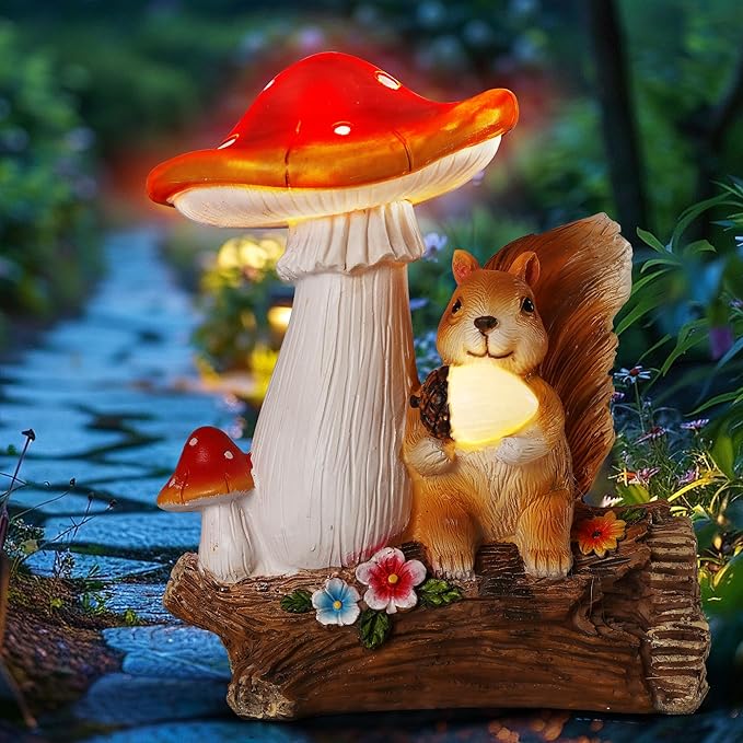 Solar Garden Statue Outdoor Decor, Squirrel & Mushroom Figurines with LED Lights, Yard Decorations for Patio, Balcony, Backyard, Lawn Ornaments, Unique Gift for Women, Mom, Grandma