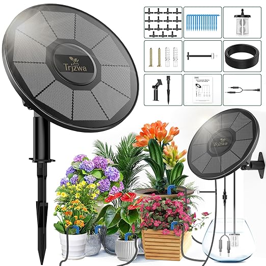 Solar Irrigation System TRJZWA Automatic Drip Irrigation System Kit for Outdoor/Indoor Garden Watering System with Water Level Detection,Drip Irrigation System Supports 15 Potted Plants