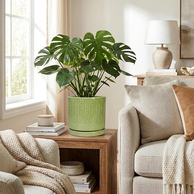 Ceramic Pots for Plants, 8 Inch Plant Pot with Drainage Hole and Tray, Round Planters for Indoor Plants, Modern Flower Pot, Decorative Planter, Living Room Decor, Gardening Gifts, Green