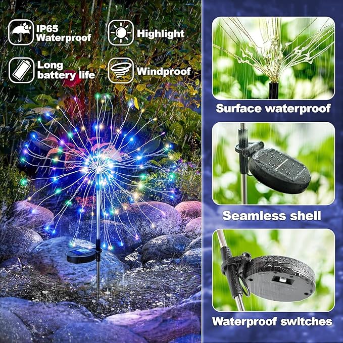 Anordsem Solar Lights Outdoor Waterproof: 2 Pack Garden Light - Bendable Copper Wire with 120 LED Firework Beads - DIY Colorful Fun Decoration for Yard Patio - Twinkle Sparkler Gifts for Women Wife