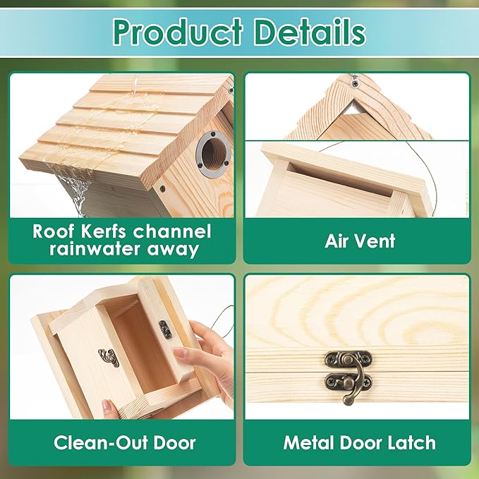 Dreyoo 2 Pack Wren House, 1-1/8'' Entrance Hole Hanging Wooden Wren Bird Houses for Outside with Metal Guard, Air Vents, Pine Wood for Chickadees (Wood Color)