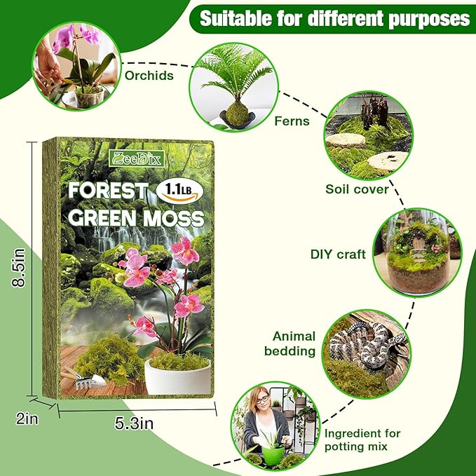 ZeeDix 1.1 lb Forest Moss for Plants Indoor - Dried Orchid Moss for Repotting, Natural Green Sphagnum Moss for Potted Plants Carnivorous Monstera Succulents Crafts Reptile Habitat (Expands to 25 qt)
