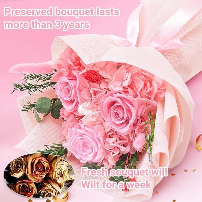 Preserved Flowers Bouquet, Flowers for Delivery,Handmade Pink Rose Bouquets Lasting 3-5 Years, Luxury Gift Box,Birthday Flowers Gifts for Women Mom Grandma Wife Friends