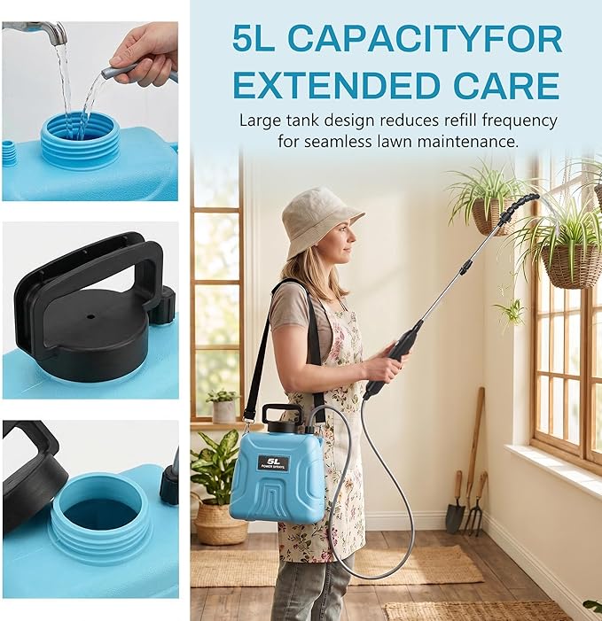 High Reach Plant Waterer with Spray Can - Electric Water Sprayer with Telescopic Wand and Water Hose, 180° Adjustable Nozzle 5L Watering Can for High Hanging Plants