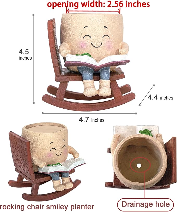 Rocking Chair Smiley Face Planter with Drainage Hole, Cute Plant Pots for Indoor Outdoor Plants,Unique Flower Pot for Succulents, Gift for Mother's Day, Birthday, Christmas