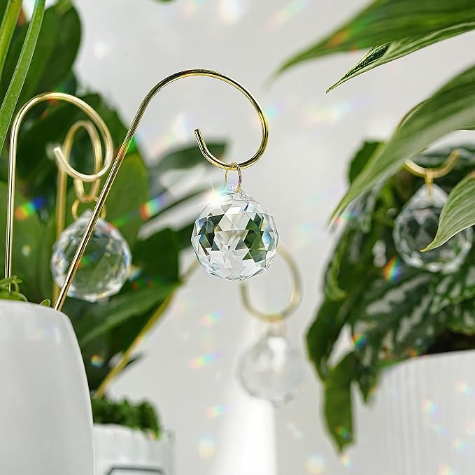 HDCRYSTALGIFTS 9pcs 30mm Crystal Ball Prism Suncatchers with 7.5'' Gold Plant Pot Trellis for Miniature Garden and Potted Plant Decorations, Fairy Garden Sun Catchers for Indoor Plants Accessories