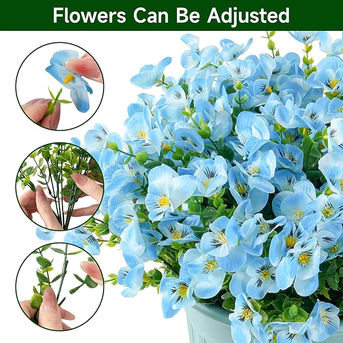 Artificial Flowers for Outdoor, UV Resistant Fake Silk Pansies Flowers, Realistic Faux Plants for Outside Indoor Porch Patio Window Box Planter Home Decor (16, Blue A)