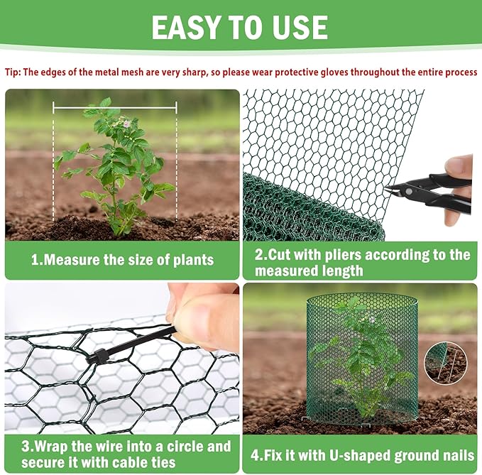 33Ft x 24In Plant Protectors from Animals, Plant Cages for Outdoor Plants, Free-Cut Wire Plant Protector, Plant Cover Chicken Wire Fencing with Ground Stakes & Ties to Keeping Bunny Animals Out