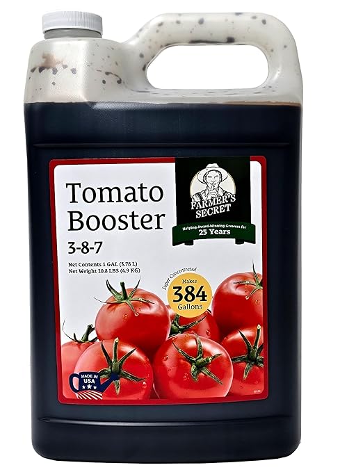Farmer's Secret Tomato Booster Fertilizer - Super Concentrated - 3:8:7 Ratio Fortified with Humic Acid, Iron and Calcium - Grow More Tomatoes (128oz)