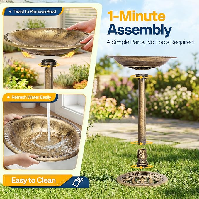 VIVOHOME Bird Bath with Solar Fountain for Outside, Polyresin Pedestal Bird Baths with Solar Powered Pump for Outdoor, Garden, Weather-Resistant Birdbaths with 20" Bowl, Golden