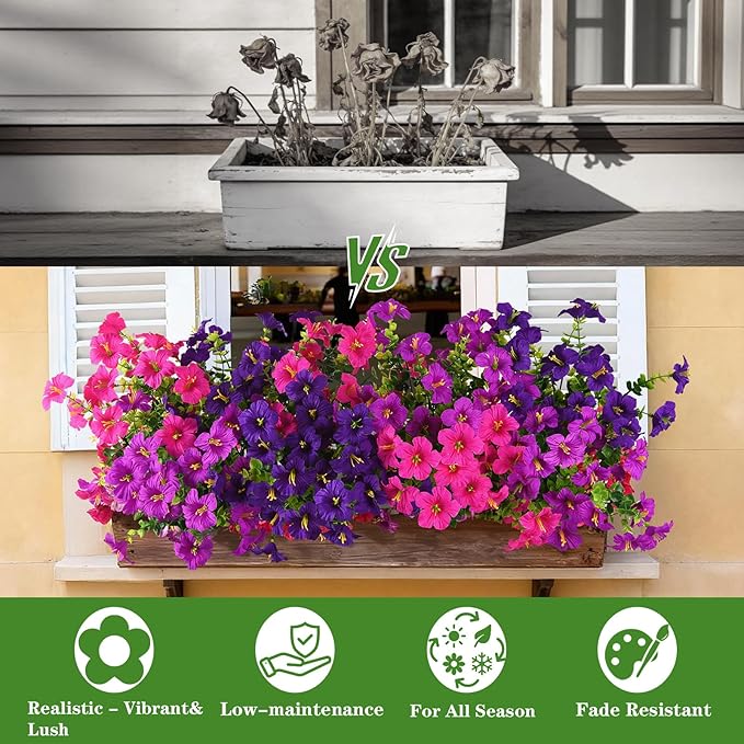 INQCMY Artificial Flowers for Outdoors Fake Plants Spring Summer Decoration, 12 Bundles Faux Petunias UV Resistant No Fade Realistic Silk Flower for Outside Planters Patio Porch Yard Window Box