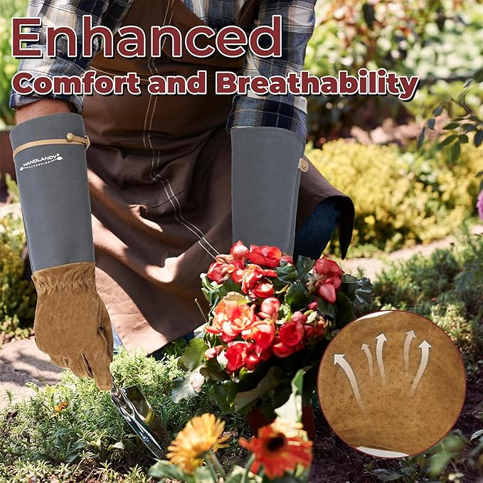 HANDLANDY Long Gardening Gloves for Men & Women, Pigskin Leather Rose Pruning Gloves, Breathable Thorn Proof Gauntlet Glove (Steel Gray, M)