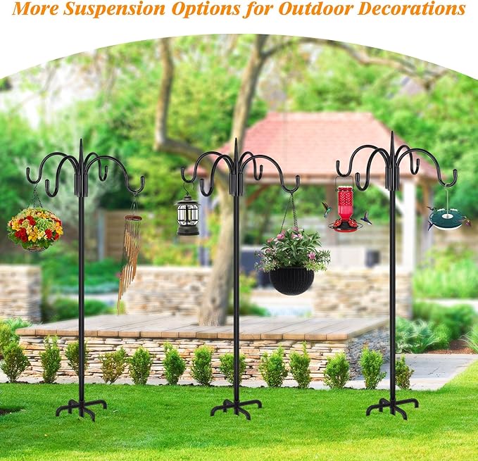 FEED GARDEN 92 Inch Four Shepherd Hooks for Outdoor,Bird Feeder Pole with 5 Prong Base, Adjustable Shepard Hooks for Hanging Plant, Solar Lanterns, Wind Chimes, 2 Pack