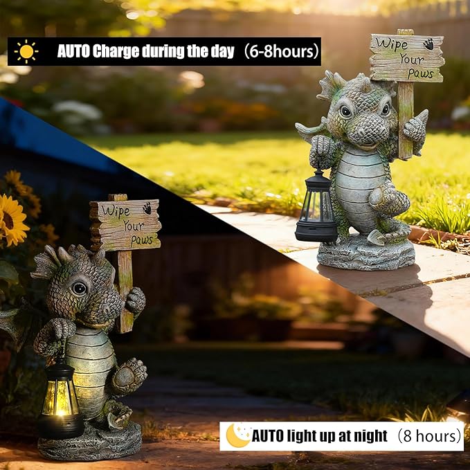 Joint Honglin Solar Dragon Garden Statue with Lantern, Resin Outdoor Yard Decor Figurine, Waterproof Solar Powered Light for Patio, Lawn, Walkway & Front Porch (Dragon)