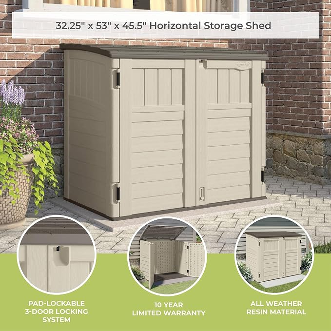 Suncast 3 Pack 34 Cu Ft Capacity Horizontal Outdoor Storage Shed for Garbage Cans, Garden Accessories, Backyard, and Patio Use, Vanilla
