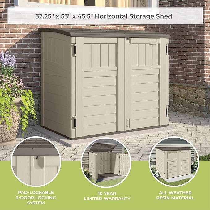 Suncast 4 Pack 34 Cu Ft Capacity Horizontal Outdoor Storage Shed for Garbage Cans, Garden Accessories, Backyard, and Patio Use, Vanilla