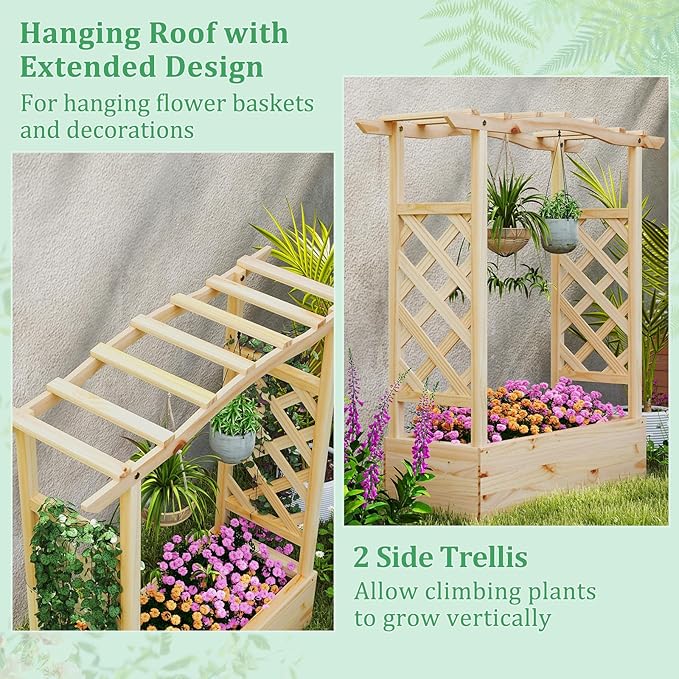 HAPPYGRILL Raised Garden Bed with Trellis, 2 Wood Planter Box w/Hanging Roof, Drainage System, Elevated Garden Box for Climbing Vine, Outdoor Planter w/Trellis for Patio Balcony, 44" x 14" x 45"