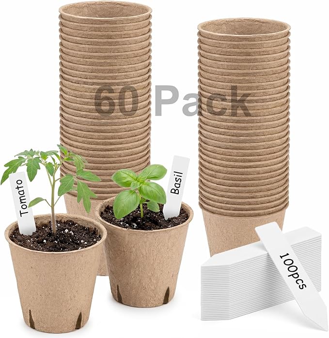 NEWMIAO 60 Pack 3.15 Inch Peat Pots, Biodegradable Seed Starter Pots for Seedlings with Drainage Holes, Germination Nursery Pots Kit Including 100 Plant Labels for Gardening (Round-60pcs)