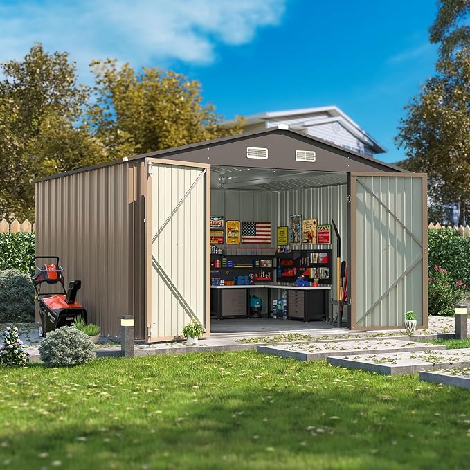 Patiowell 10x8 FT Outdoor Storage Shed, Large Metal Tool Garden Sheds with Lockable Door and Sloping Roof, Waterproof Outside Storage Shed for Backyard Patio Lawn, Brown