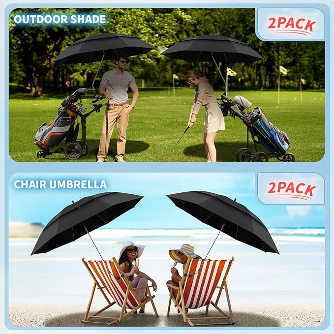 2 Pack 48.6" Double Canopy Umbrella with Clamp, UPF50+ Beach Chair Umbrella with Clip, 360°Adjustable Portable Outdoor Wheelchair, Patio, Golf Carts,Camping（Black）