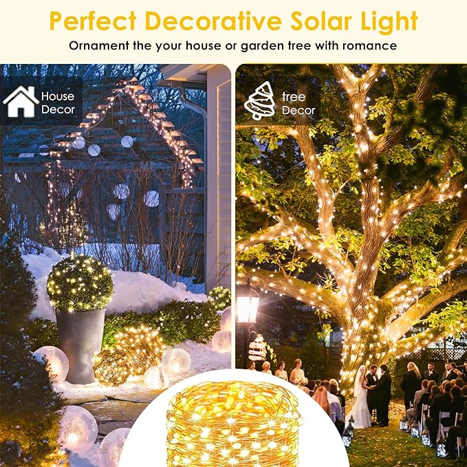 Extra-Long 144FT Solar String Lights for Outside, 2 Pack 400LED Solar Fairy Lights Outdoor Waterproof, Copper Wire with 8 Modes Solar Twinkle Lights for Tree Garden Party Patio Xmas Decor (Warm White)