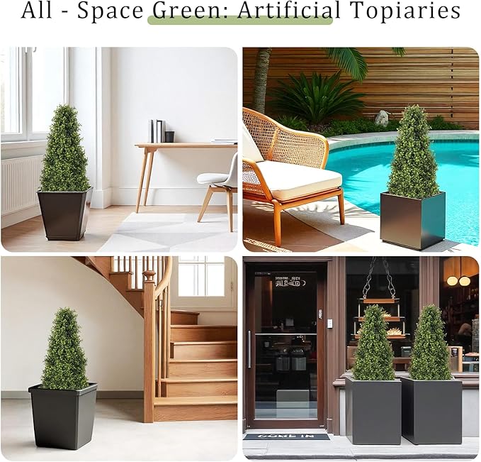 3ft Artificial Boxwood Topiary Trees (Set of 2) - UV Resistant Faux Plants Outdoor, Realistic 36" Fake Cone Bushes and Shrubs for Front Porch, Planter, Patio, Evergreen
