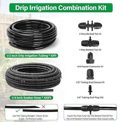 MIXC 80% Water Savings Drip Irrigation System Kit – 100ft 1/4" Soaker Hose & 10ft 1/2" Main Tubing with Connectors, Automatic Watering System for Large Vegetable Garden, Lawn, Raised Bed, Greenhouse