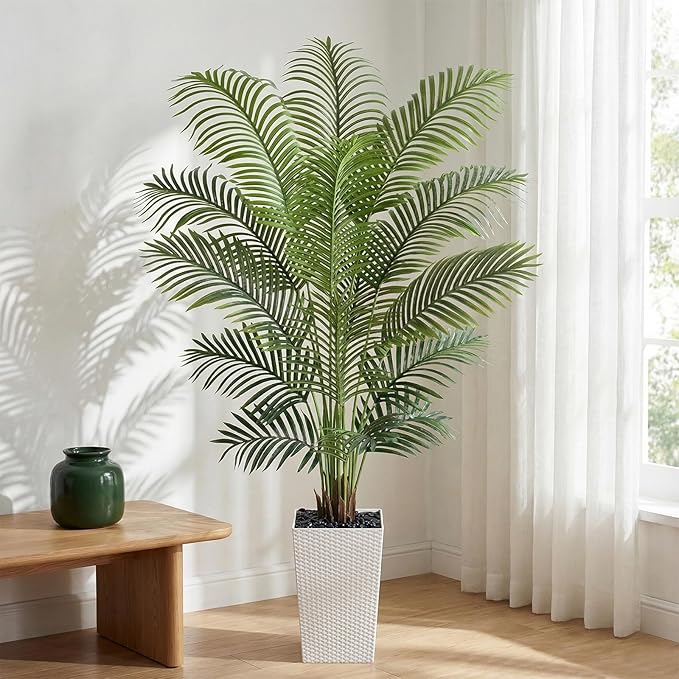 6ft Artificial Palm Tree with White Planter - Tall Fake Palm Tree Indoor Fake Tropical Plant for Home Office Living Room Bedroom Modern Decor