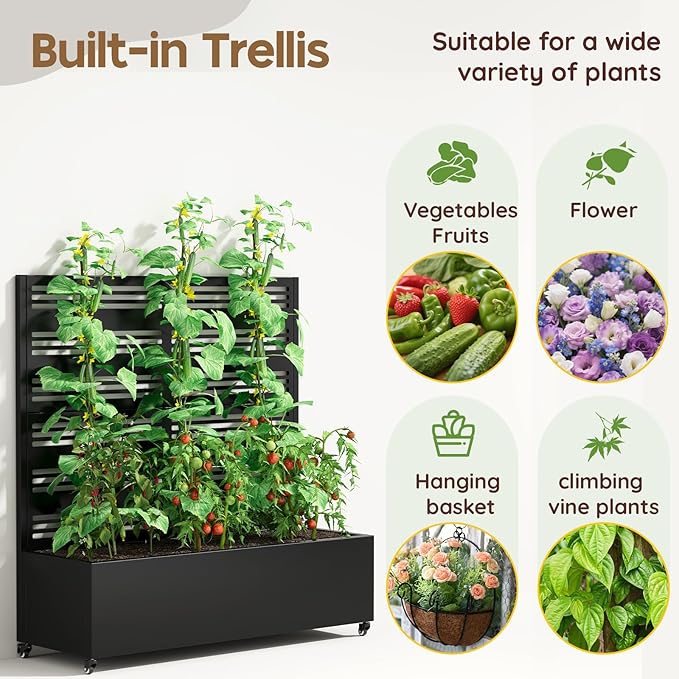 Metal Raised Garden Bed Trellis Large Outdoor Planter Box for Patio,Balcony Privacy Planters for Patio 48.4" x 47"x 15.7 Wheels Drainage Holes,for Climbing Vegetables,Flowers,Vines（Black）