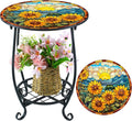 Outdoor Side Table Round Small Mosaic Patio Accent Indoor End Plant Coffee Tea Table for Yard Patio Porch Garden Living Room, Bedroom(Sunflower Style,12 Inch)