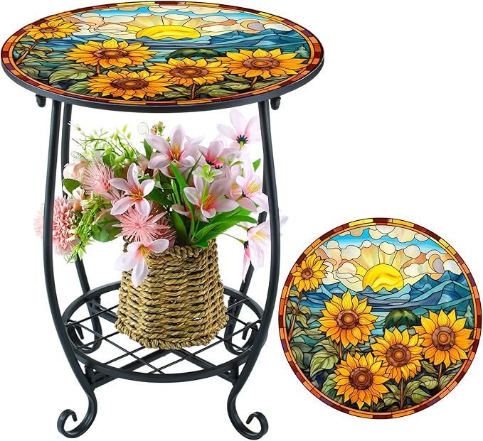 Outdoor Side Table Round Small Mosaic Patio Accent Indoor End Plant Coffee Tea Table for Yard Patio Porch Garden Living Room, Bedroom(Sunflower Style,12 Inch)
