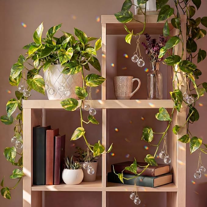 6 Pcs Clear Crystal Sun Catcher Plant Vine Charms Hanging for Mini Potted Plants, Home Window Garden, Garden Home Window Rainbow Sun Catchers Plant Accessories Indoor (Ball)