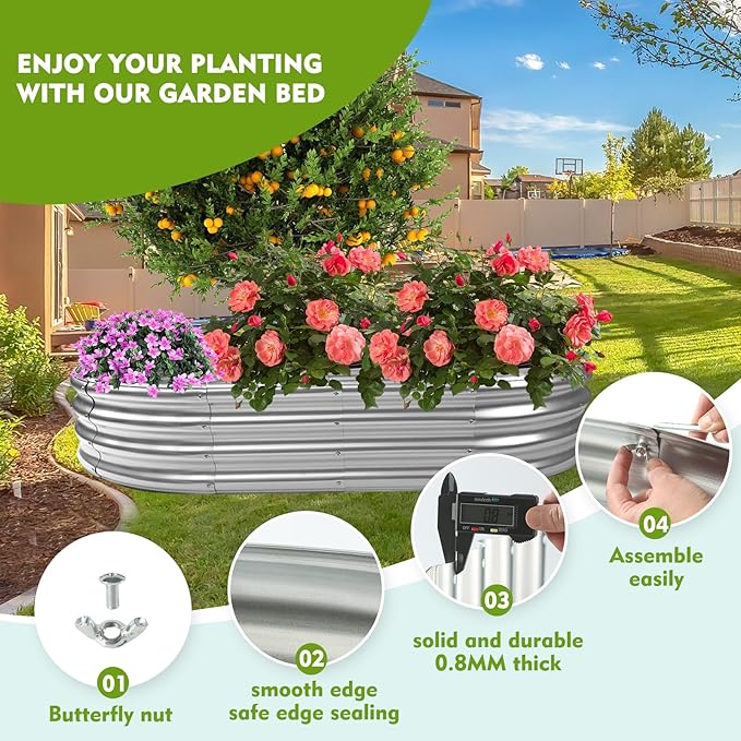 YSEJOMP 5X2.7X1 FT Oval Galvanized Metal Garden Raised Bed/Plant Box for Planting,32 Inches Diameter Iron Fire Pit Ring,Small Animal Fence-3 in 1 Modular Design in Black (Silver, 60X32X11.5 Inches)