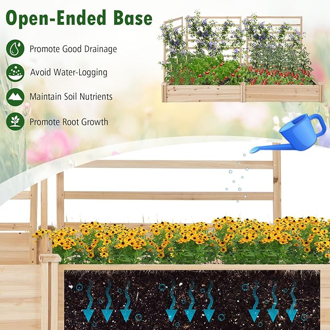 S AFSTAR Raised Garden Bed with 3 Trellis & 2 Planter Boxes, Outdoor Wooden 88" L x 45" W x 43" H Planter Box Kit for Flower Herb Vegetable Fruit Climbing Vines, Gardening Planter for Garden Patio