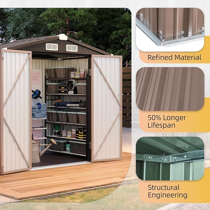 Aoxun 6x4ft Shed with Floor Heavy-Duty Galvanized Steel Outdoor Storage Shed with Double Doors, Ventilated Weatherproof Design for Bike/Generator/Tool Organization (Brown with Floor)