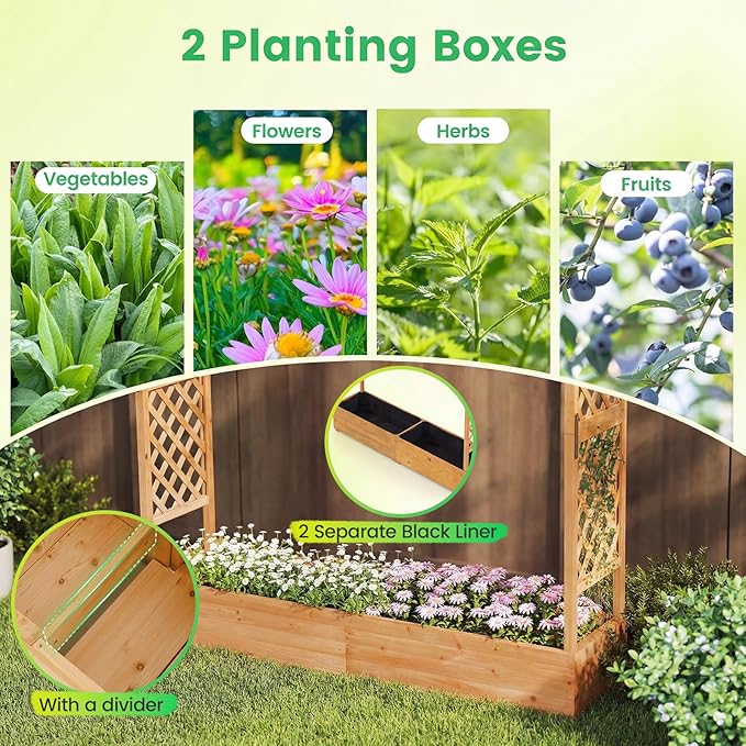 BECOMFORT Raised Garden Bed with Trellis & Hanging Roof, 72" Tall Fir Wood Planter Box with Drainage Holes, Outdoor Elevated Garden Planter for Climbing Vines (Orange, 77" Lx17 Wx72 H)