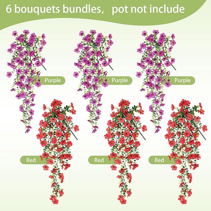 Artificial Flowers for Outdoors Spring Decor, 6 Bundles UV Resistant Realistic Faux Silk Hanging Flowers, Fake Plants for Planter Indoor Outside Garden Porch Patio Balcony Yard Farmhouse