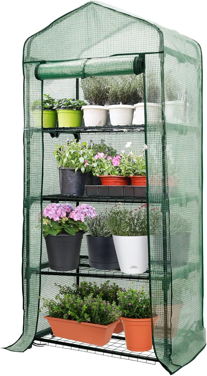 Worth Garden 4 Tier Mini Greenhouse - 63'' H x 27'' L x 19'' W - Sturdy Portable Gardening Shelves with Durable PE Cover w/ Roll-Up Zipper Door- Small Green House Indoor & Outdoor for Plants Flowers