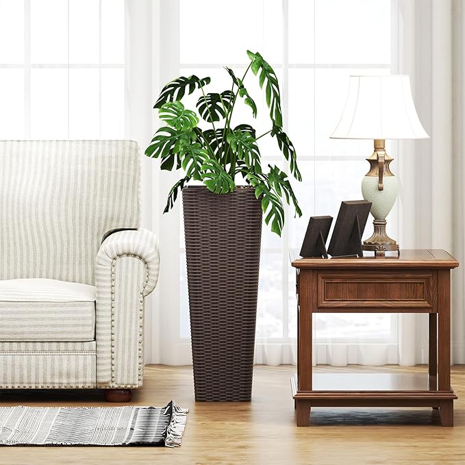 Giantex Set of 2 Planters for Outdoor Plants, Tall Tapered Plants w/Inner Trays, Drainage Holes, Decorative PP Flowerpots 32" & 24" Tall for Porch, Patio, Garden, Backyard, Indoors & Outdoors (Coffee)