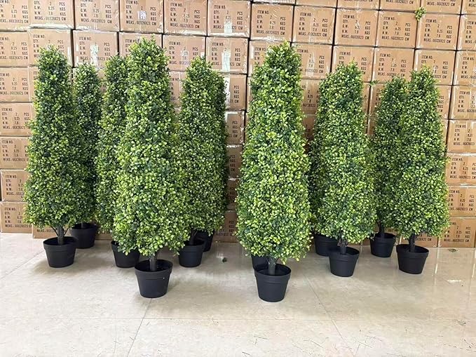 4ft Artificial Boxwood Topiary Trees (Set of 2) - UV Resistant Faux Plants Outdoor, Realistic 48in Fake Potted Bushes and Shrubs for Front Porch, Planter, Patio, Evergreen