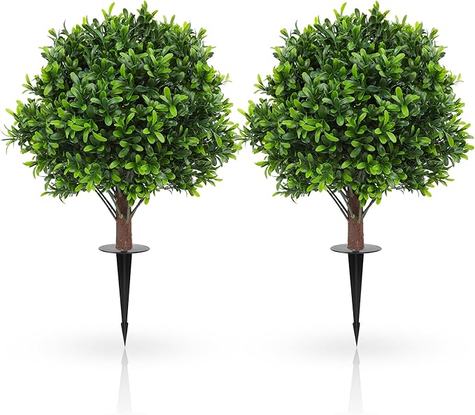 JTING' CHOISIR Set of 2 Artificial Boxwood Topiary Ball Trees with Ground Spike, 26 Inches UV Resistant Fake Plant Bushes Shrubs, for Indoor Outdoor Front Porch Garden (Boxwood)