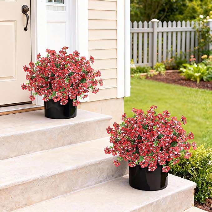 Artificial Morning Glory & Eucalyptus Topiary Trees - Set of 2 Faux Silk Flower Potted Plants, UV-Resistant Fake Outdoor Morning Glory Bushes for Front Door, Yard, Farmhouse, Garden Decor (Red)