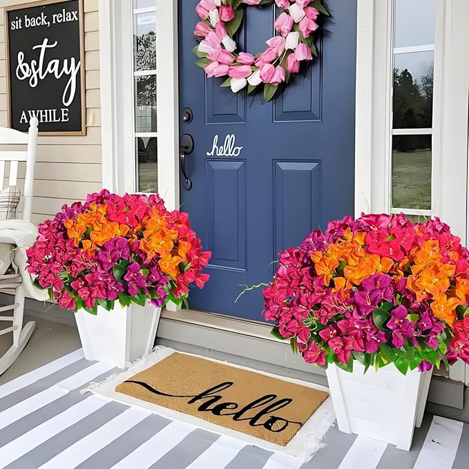 Spring Artificial Bougainvillea Flowers Fake Plants for Outdoors Porch Planters, UV Resistant Faux Realistic Silk Colorful Greenery for Summer Outside Patio Decoration, 8 Bundles