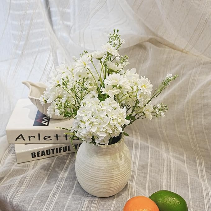 Jahe Hydrangea Artificial Flowers Mixed Potted Plant, Faux Hydrangea Flowers Fenterpieces for Tables, Fake Daisy Mixed Bouquet with Pot, Living Room Bedroom Bathroom Balcony, White