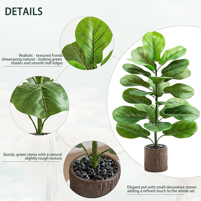 2 Pack Artificial Fiddle Leaf Fig Tree 30in, Faux Fig Trees Floor Plant in Pot Fake Ficus Lyrata Plant, Table Top Plant with Fiddle Leaves for Indoor Outdoor Home, Office, Living Room, Bathroom Decor