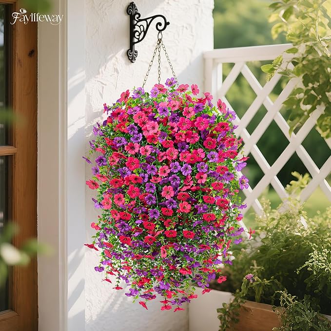 Artificial Hanging Flowers for Outdoors Spring Summer Decoration, 4PCS UV Resistant Silk Fake Hanging Plants for Patio Porch Front Yard Window Garden Indoor Decor(Purple&Hot Pink,4PCS)