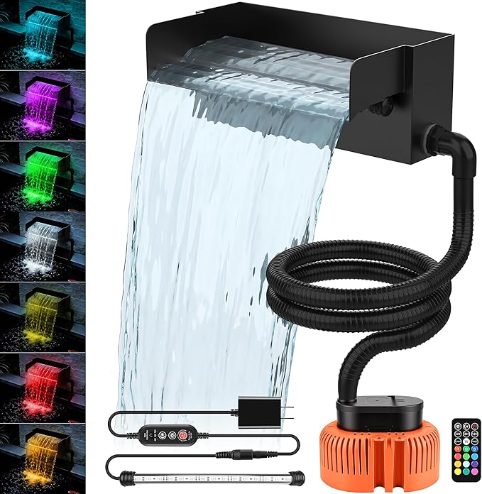 12-inch Pond Waterfall Spillway with LED Lights | Stainless Steel, 850GPH Submersible Pump, For Garden, Ponds, Backyard, Pool
